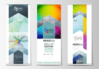 Set of roll up banner stands, geometric flat style templates, business concept, corporate vertical vector flyers, flag layout. Colorful design background with abstract shapes and waves, overlap effect