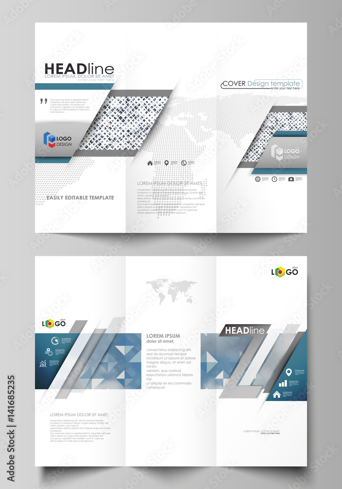 Poster tri-fold brochure business templates on both sides. easy editable layout in flat style. blue color p