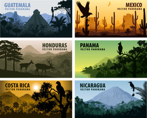 vector set of panorams countries Central America - Guatemala, Mexico, Honduras, Nicaragua, Panama, Costa Rica - obrazy, fototapety, plakaty