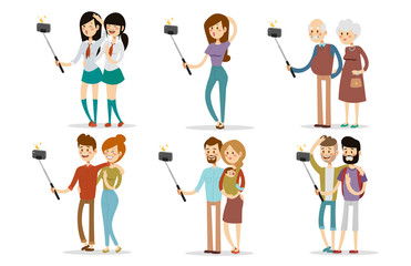 Fototapeta na wymiar Selfie people isolated vector illustration character photo lifestyle set hipster smart flat camera smartphone person picture