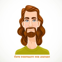 Cute long haired bearded men portrait for avatar isolated on a white background