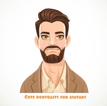 Cute dark haired bearded men portrait for avatar isolated on a white background