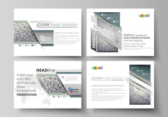 Set of business templates for presentation slides. Easy editable abstract vector layouts in flat design. Pattern made from squares, gray background in geometrical style. Simple texture.