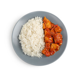 Plate with delicious chicken tikka masala and rice isolated on white