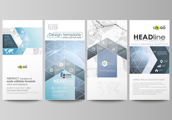 The minimalistic abstract vector illustration of the editable layout of four modern vertical banners, flyers design business templates. World globe on blue. Global network connections, lines and dots.