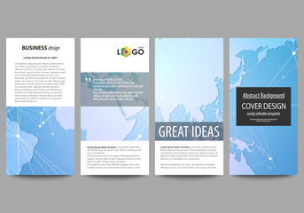 Fototapeta na wymiar The minimalistic abstract vector illustration of editable layout of four modern vertical banners, flyers design business templates. World map on blue, geometric technology design, polygonal texture.