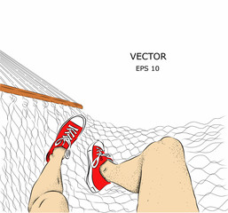 The girl lies in a hammock on the beach. Seascape. Vector illustration
