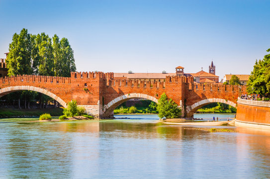 Bridge Ponte Scaligero built in 14th century  in Verona, Veneto region, Italy.