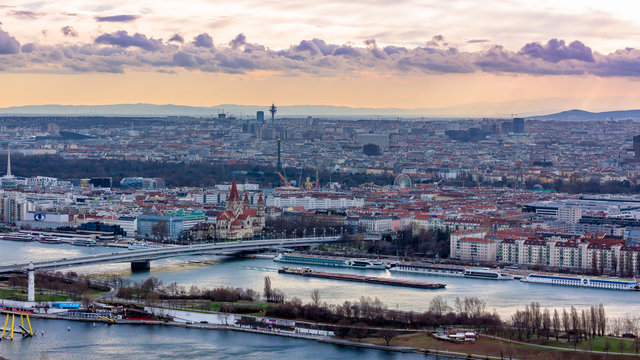 Vienna Austria  aerial view over the Danube on a cludy day