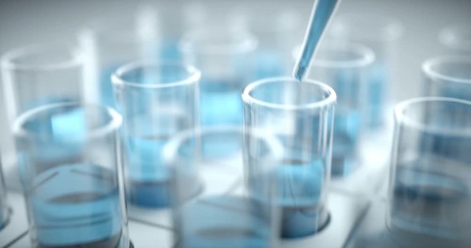 3D illustration. Test tubes filled with blue chemistry, science concept and laboratory.