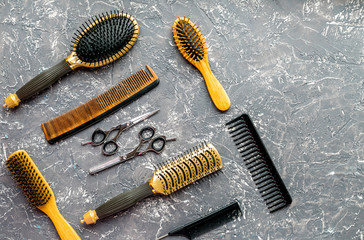 hair cutting preparation with hairdresser tools on desk background top view mockup