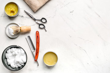 barbershop for men with tools on white background top view mock-up