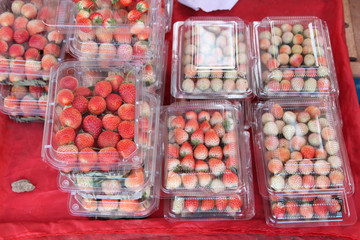 Fresh strawberry in plastic box ready for sale.