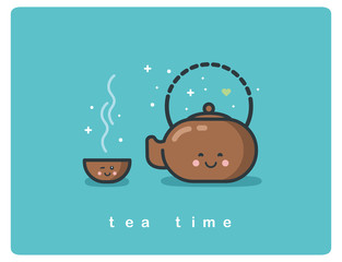 Vector flat icon of tea time, Tea pot and cups cute cartoon characters