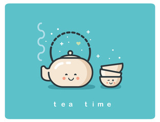 Vector flat icon of tea time, Tea pot and cups cute cartoon characters