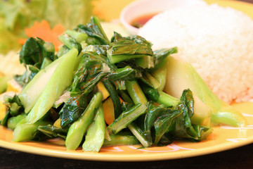 Thai food, stir-fried kale with rice on yellow plate.