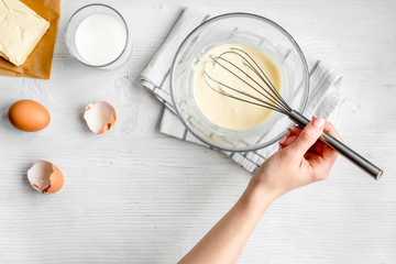 cooking pancake on white background top view ingredients for making