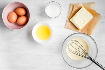 cooking pancake on white background top view ingredients for making