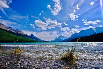 Tranquil emerald  lake in mountains. Upper Waterfowl Lake in Canadian Rockies. Banff National Park. Rocky Mountains. Alberta. Canada.