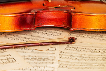 Old violin lying on the sheet of music