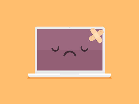 White laptop computer cartoon character with bandage showing sad face emotion vector illustration in flat style
