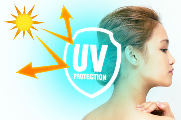 beautiful woman back view and sunscreen concept, UV protection.