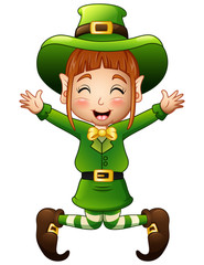 Cute girl leprechaun cartoon jumping
