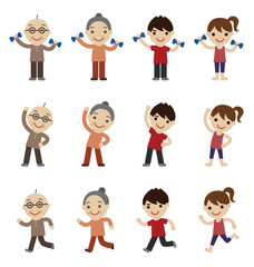 お年寄りと若者　エクササイズポーズイラスト