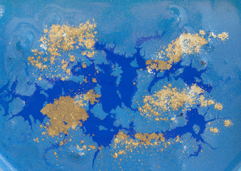 Obraz na płótnie Canvas Blue and golden liquid texture, watercolor hand drawn marbling illustration, abstract background