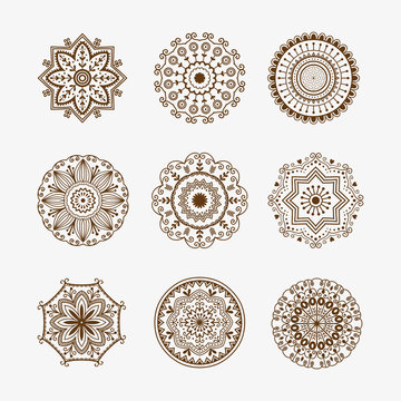 Henna tattoo brown mehndi flower template doodle ornamental lace decorative element and indian design pattern paisley arabesque mhendi embellishment vector.