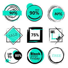 Labels set sale, mega discounts, black Friday, 10%, 25%, 50%, 70%, 80%, 90%. EPS 10