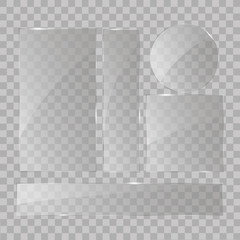 Glass plates set. Vector glass banners on transparent background.
