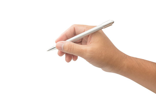 Hand Holding A Pen Isolated On White Background