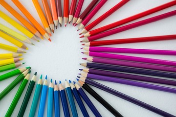 Colored pencils arranged in heart shape on white background