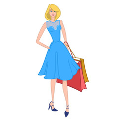 Fasionable girl with shopping bags. Vector illustration.