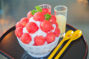 watermelon bingsu dessert with milk and watermelon syrup