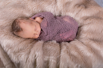 Beautiful newborn baby girl swaddled and sleeping on fur