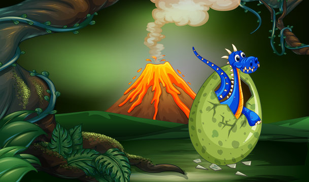 Blue dragon hatching egg in deep forest