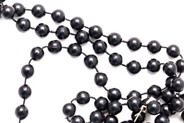 Black beads on a white background