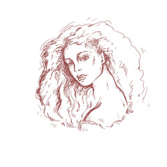 Vector sketch illustration. Portrait of young beautiful girl with long thick hair, soft eyes and sensual lips.