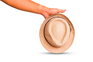 male hand holding hat isolated on white background