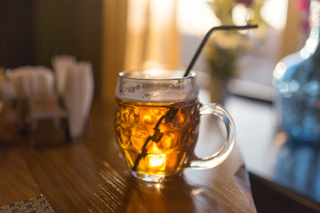 A beer mug in a restaurant
