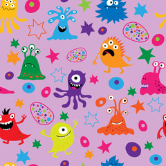 Fototapeta na wymiar Cute seamless background with monsters and patterns