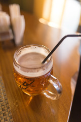 A beer mug in a restaurant