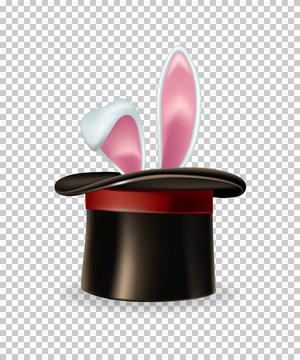 Vector rabbit ears appear from the magic hat isolated on transparent background.