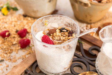 Granola, yogurt, nuts and berries