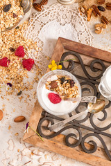 Granola, yogurt, nuts and berries