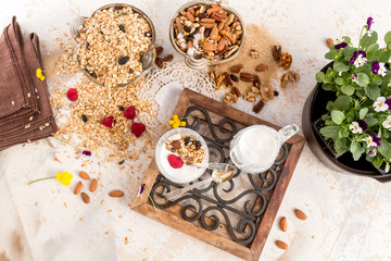 Granola, yogurt, nuts and berries