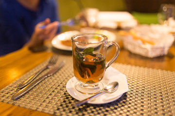 A glass of mint tea in a restaurant