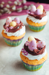 Closeup of Easter nest shape cupcakes